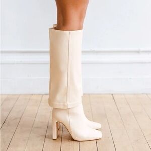 Lulu's Boots Lorlia Cream Almond Square Toe Fold Over Knee High Boots Size 8 NIB